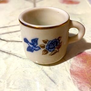 Miniature Tea Cup Floral Blue Bird Gold Gilt 1.25x1.25 Old Vintage